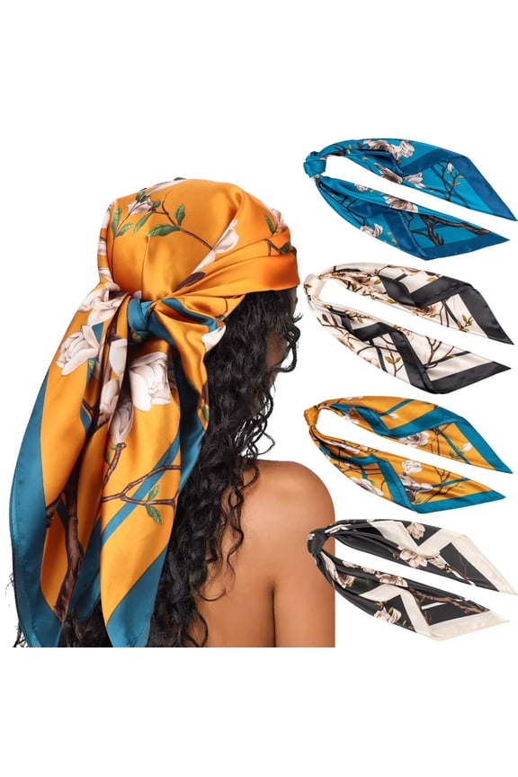 4 PACK 35 Large Square Satin Head Scarf -  Silk Accessories Classic Patterned Squares Beach Bandanas for Women