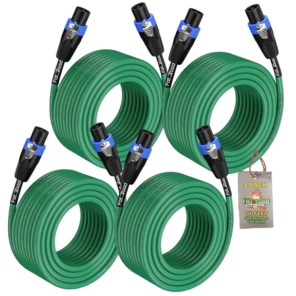 4 PACK - 50FT Speakon to Speakon Speaker Cables by Fat Toad Professional DJ Pro Audio Green PA Cords with Twist Lock Connector 12 AWG Wires for Impeccable Studio Recording & Stage Gear