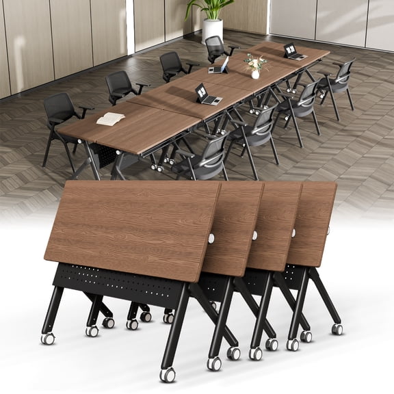 4 PACK Conference Table, 55.2IN Folding Conference Room Tables with Wheels,Walnut Mobile Meeting Table Flip Top Training Table System for Office & Classroom-Rectangle