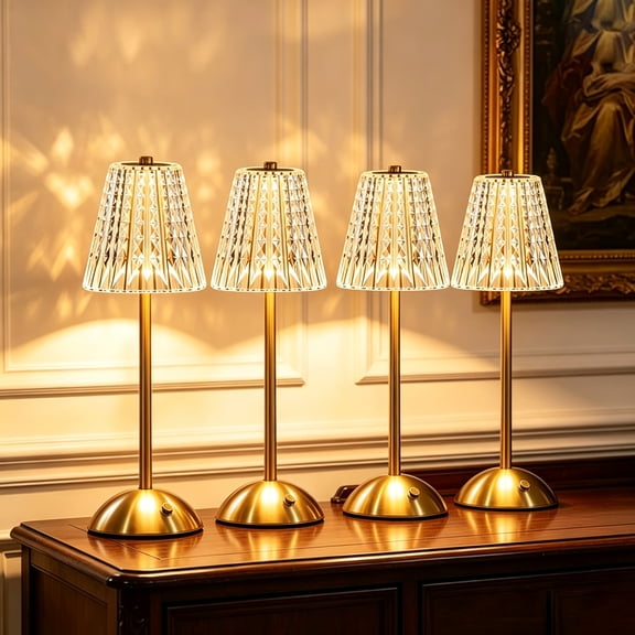 4 PACK Cordless Crystal Table Lamp Rechargeable Touch Lamp, 3 Color Dimmable LED Desk Light for Bedroom Living Room Decor - USB-C Charging, Battery Operated, Crystal Shade, Gold