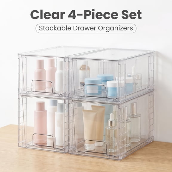 4 PACK Display Cabinet, Clear Stackable Storage Drawers, Easy to Assemble Bathroom Organizers and Storage with Handles, Plastic Drawers for Kitchen Pantry, Cabinet, Under Sink Organization
