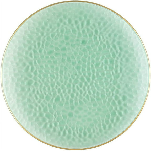 (4 PACK) EcoQuality 13" inch Round Charger Hammered Translucent Green Plastic Plates with Gold Rim - China Like Party Plates, Heavy Duty Large Disposable Dinner Salad Plate Weddings, Serveware