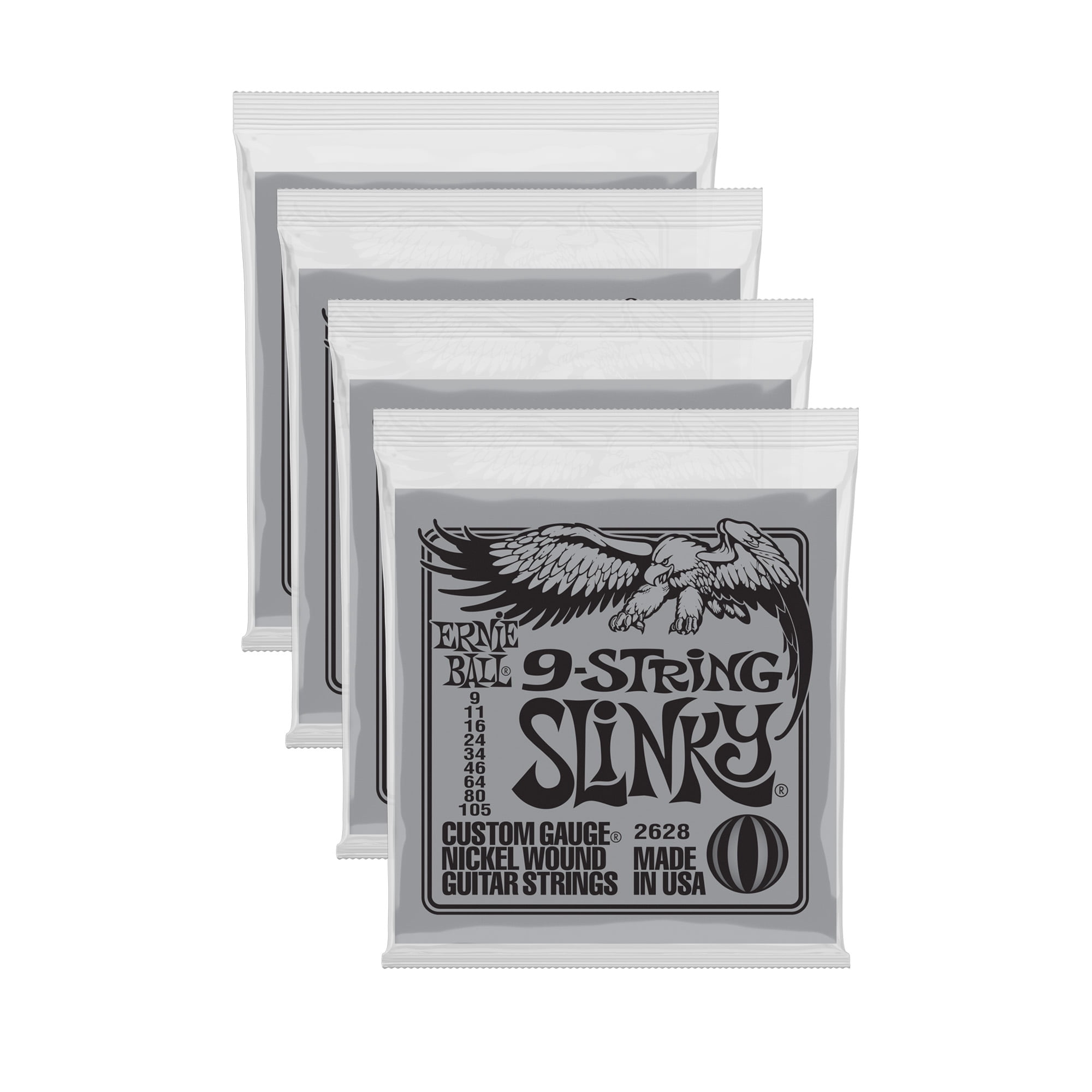 4 PACK Ernie Ball 2628 9-String Slinky Nickel Wound Electric Guitar Strings (9 - 105)