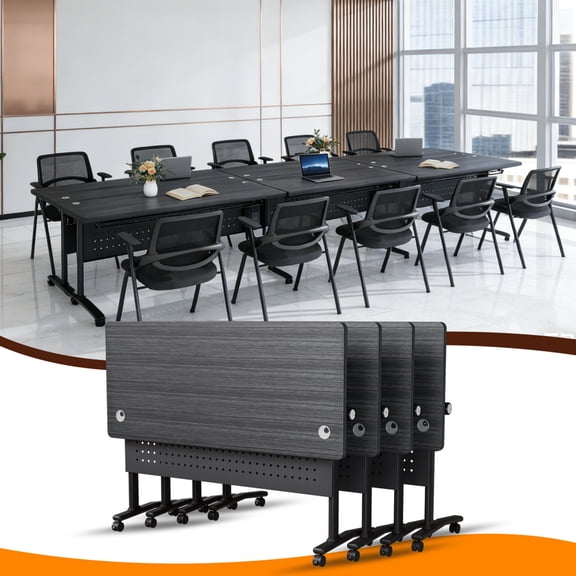 4 PACK Folding Conference Table,Conference Room Tables with Wheels,47.2 IN Modular Seminar Table with Grommet,Mobile Rolling Training Tables for Office Classroom