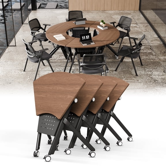 4 PACK Folding Conference Tables with Wheels Mobile Meeting Table Rolling Conference Room Tables Seminar Tables for Office Training Classroom-Fan Shaped