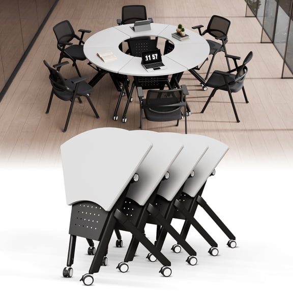 4 PACK Folding Conference Tables with Wheels Mobile Meeting Table Rolling Conference Room Tables Seminar Tables for Office Training Classroom-Fan Shaped