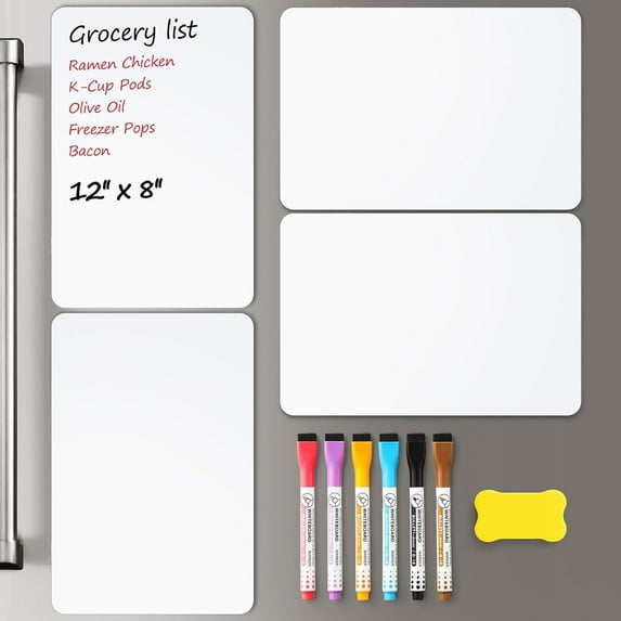 4 PACK Magnetic Dry Erase Board Sheet for Fridge, 12"x8" Erasable Refrigerator White Board w/ 6 Markers & 1 Eraser