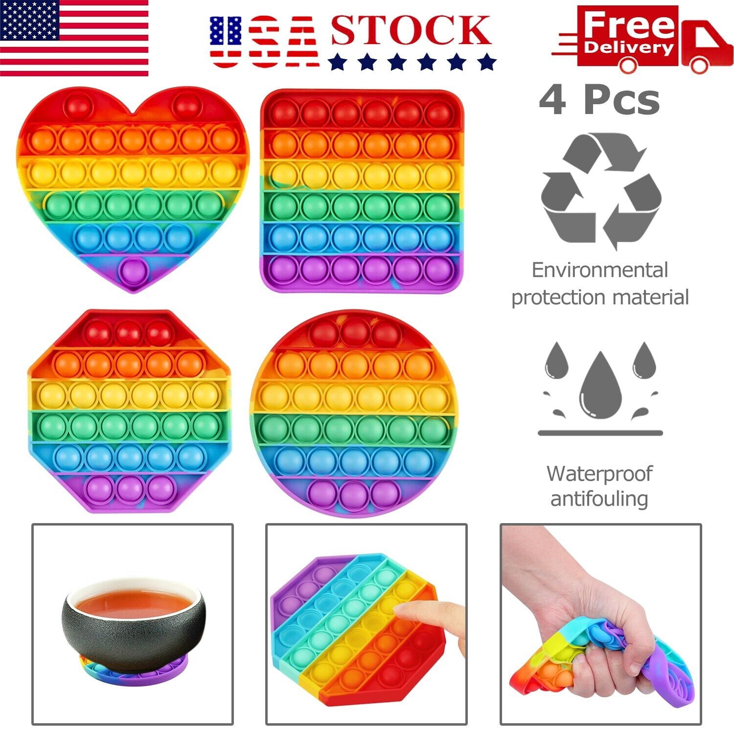 4 PACK Popit Fidget it Pop Toy Push Bubble Sensory Set Stress Relief ...