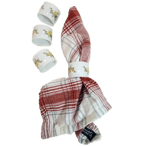 4-PACK Porcelain Napkin Rings - White With Floral Design