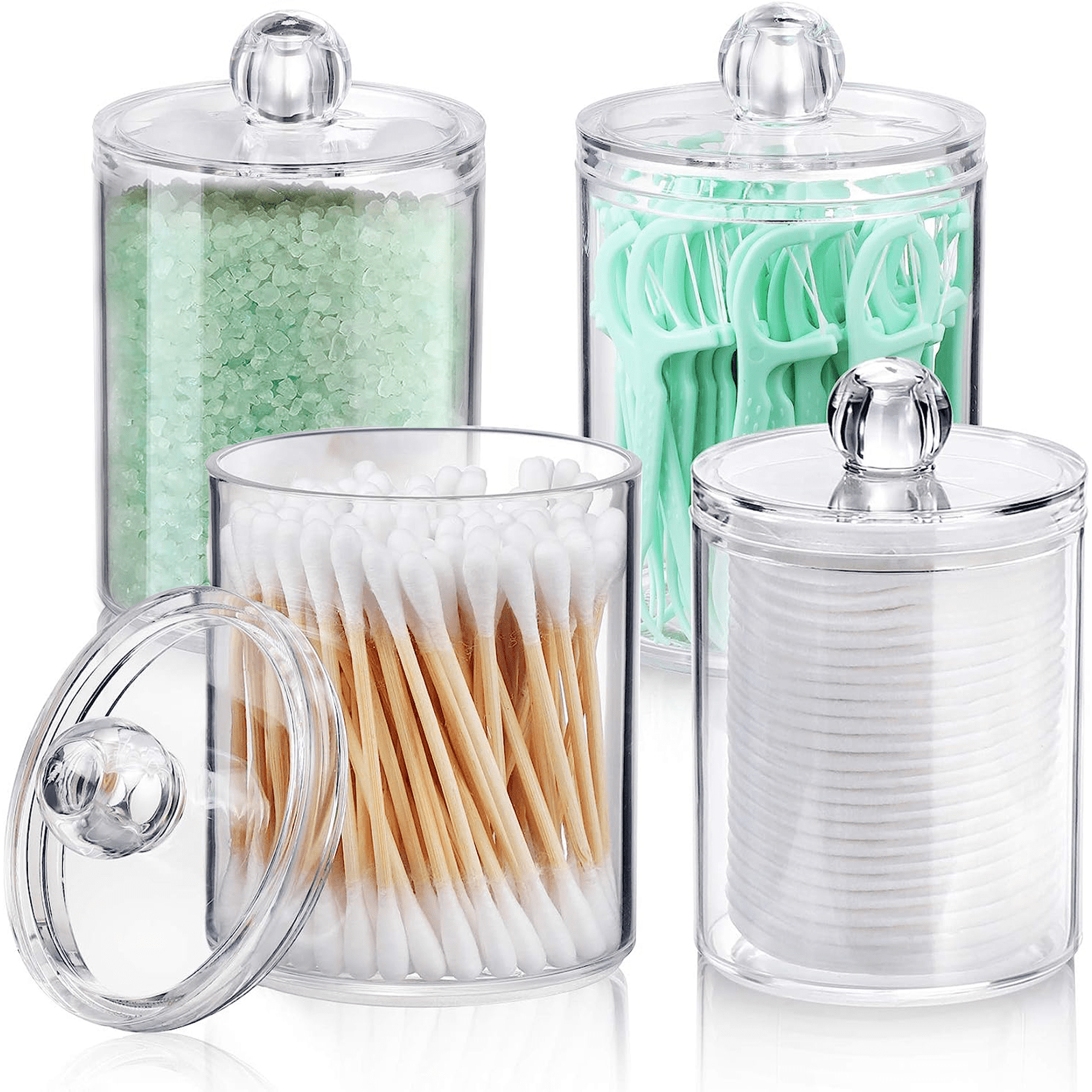 GYTF 4 Pack Qtip Holder Dispenser for Cotton Ball,Cotton Swab,Cotton Round Pads,Floss Picks - Small Clear Plastic Apothecary Jar Set for Bathroom Canister Storage Organization,Vanity Makeup Organizer