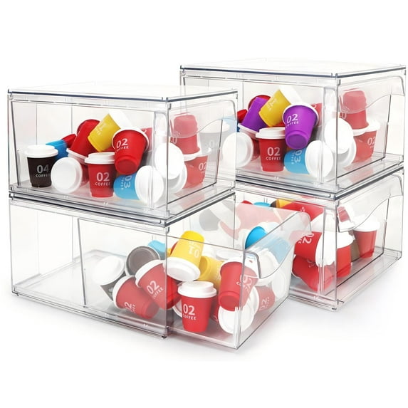4 PACK Stackable Coffee Pod Drawers, Acrylic Clear Storage Drawers for K-Cup Organizer for Home and Office C104