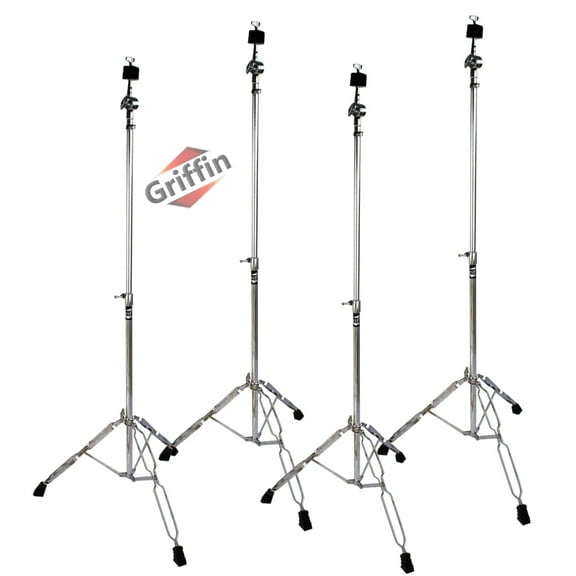 4 PACK - Straight Cymbal Stand Set by Griffin Double Braced Legs, Slip-Proof Gear Holder & Light-Duty for Mobile Drummers Percussion Chrome Drum Hardware Kit for Mounting Crash & Splash Cymbals