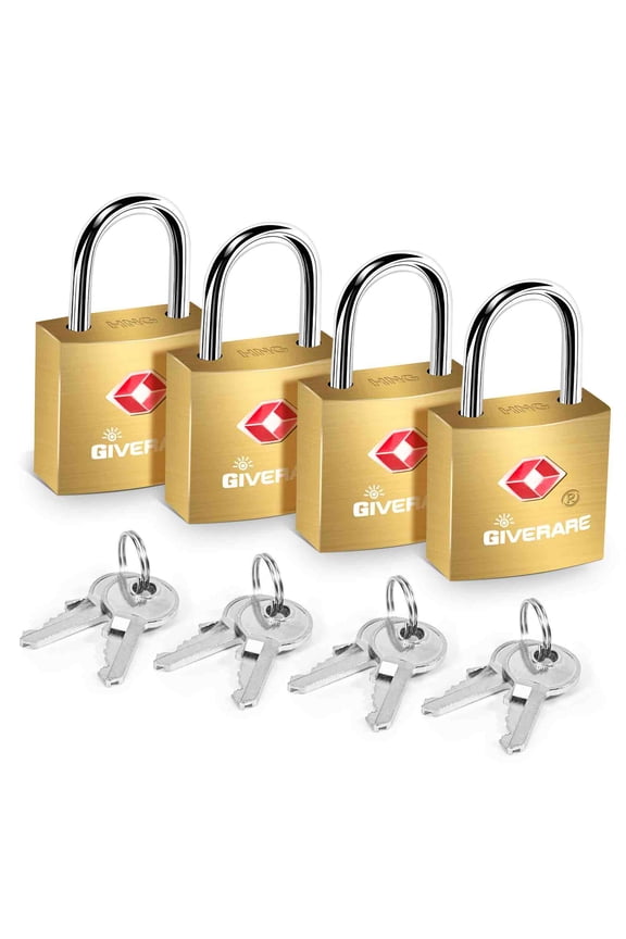 4 PACK TSA Approved Travel Luggage Locks with Keys, Solid Brass Copper Keyed Padlock, ABS Plastic Covered Small Locks for Suitcase, Backpack, Gym Locker, Jewelry Box, Gold-by GIVERARE