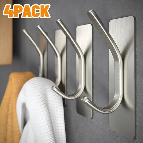 4 PACK Towel Hooks/Adhesive Hooks - Sliver Wall Hooks for Hanging Coat, Hat, Towel Robe Hook, Bathroom and Bedroom, Stainless Steel