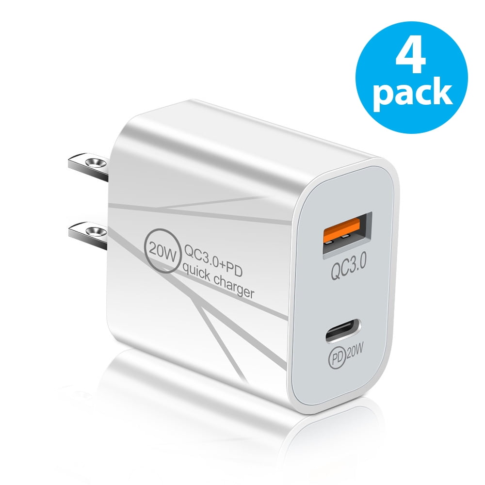 4-PACK USB-C Wall Charger, 20W PD USB Type-C + QC3.0 USB-A Double Port Fast Charging Adapter for iPhone 14 13 12 11 Pro Max Mini, Samsung Galaxy S23 S22 S21 S20 Ultra Plus, Universal, White