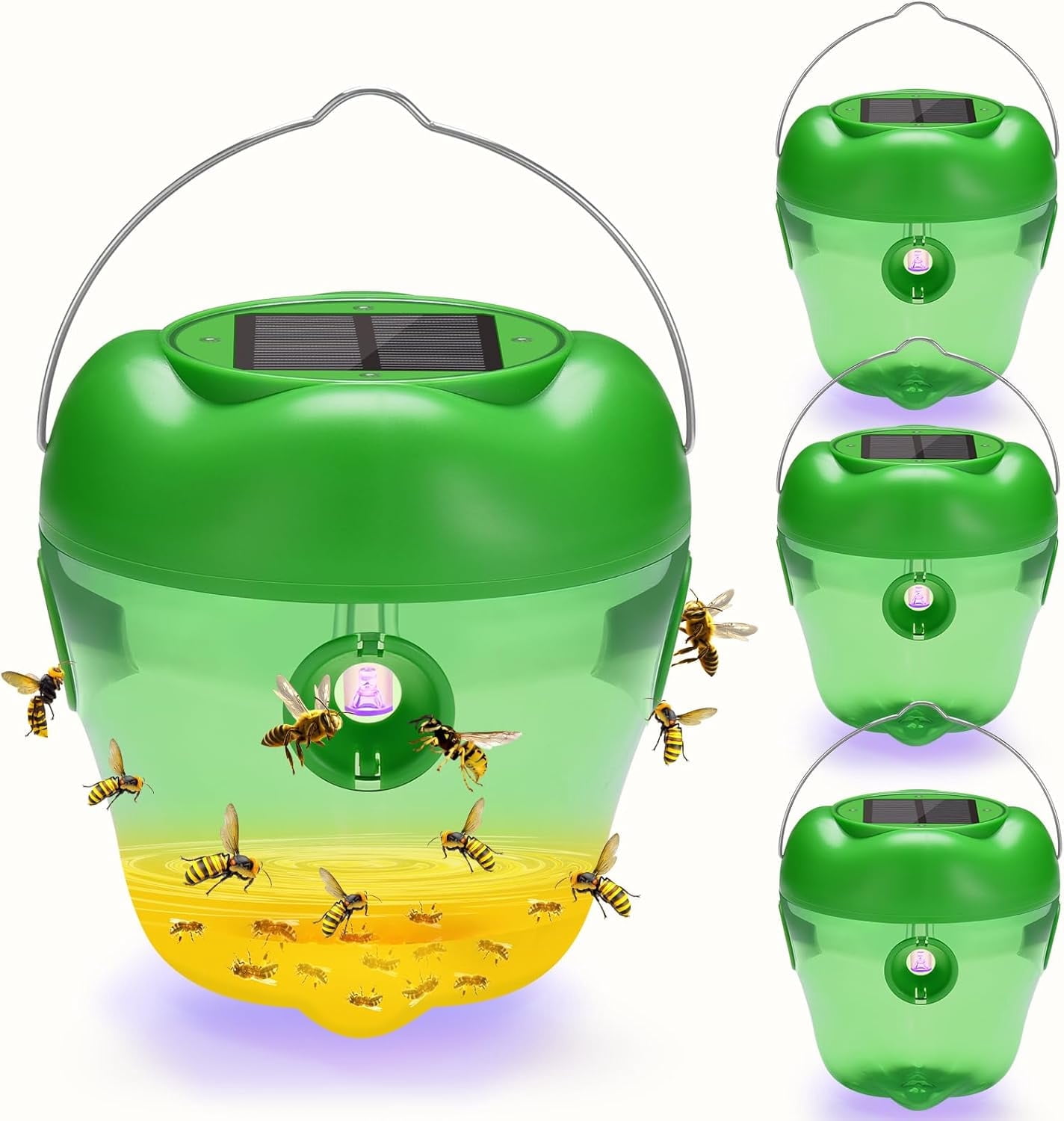 4-PACK Wasp Trap, Solar Wasp Traps Hanging, Reusable Yellow Jacket Trap with LED Light, Bee Hornet Traps for Outside Orchard, Farm, Garden, Patio, Courtyard (Green)