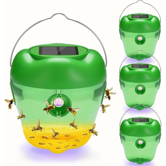 4-PACK Wasp Trap, Solar Wasp Traps Hanging, Reusable Yellow Jacket Trap with LED Light, Bee Hornet Traps for Outside Orchard, Farm, Garden, Patio, Courtyard (Green)