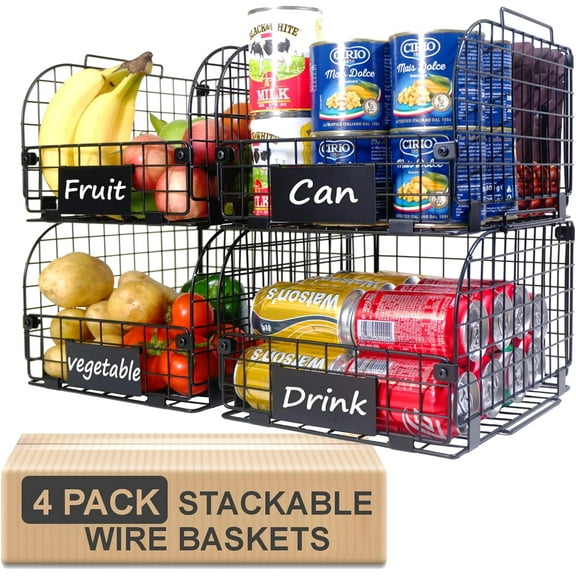 4 PACK Wire Stackable Baskets for OrganizingFruit Basket for Kitchen Pantry organizers and storage 12"x10.4"x7.8" Metal Baskets Vegetable Fruit Snack Onion Potato Can KCup Organization Black