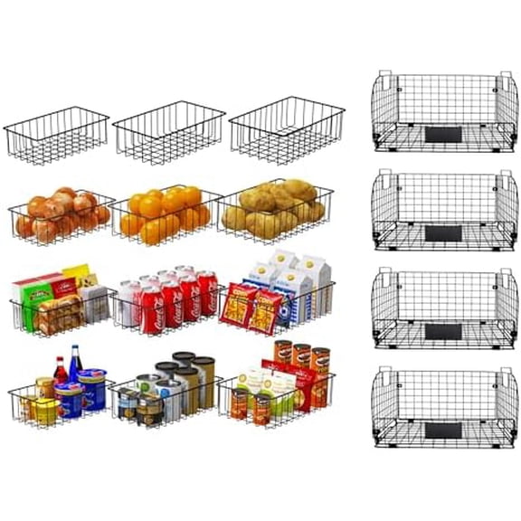 4 PACK XXL Stackable Wire Baskets and 12 Pack (3 Szie) Wire Storage Baskets for Organizing$$Home Decor, Kitchen, & Other