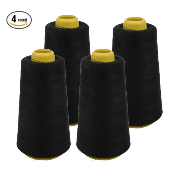 4 PACK of 6000 Yard (each) Spools Black Sewing Thread All Purpose 100% Spun Polyester Overlock Cone