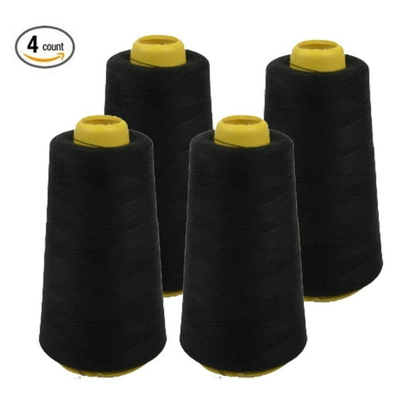 4 PACK of 6000 Yard (each) Spools Black Sewing Thread All Purpose 100% Spun Polyester Overlock Cone
