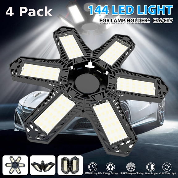 4 Packs 200W Deformable LED Flush Mount Garage Light, 6-Leaf Adjustable Panels, 2000LM 6500K Bright Shop Light, E26/E27 Base, 360/270 Lighting Modes for Garage, Warehouse, Workshop