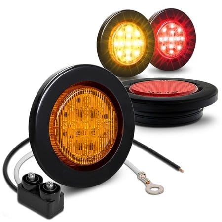 4 PC 2.5" Round LED Clearance Light Side Marker- Two in One Reflector and Clearance Light [Polycarbonate Reflector] [13 LEDs] [Rubber Grommet] [IP 67] for Trailers - 2 Red and 2 Amber