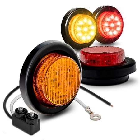 4 PC 2" Round LED Clearance Light Side Marker - Two in One Reflector and Clearance Light [Polycarbonate Reflector] [10 LEDs] [Rubber Grommet] [IP 67] for Trailers - 2 Red and 2 Amber