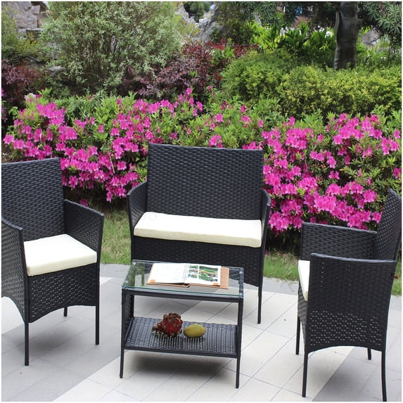 4-PC All-Weather PE Wicker Patio Conversation Set, Black Sofa with Beige Cushions and Glass Table