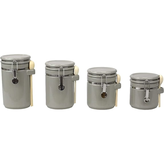 4 PC Ceramic Canister Set with Air-Tight Clamp Top Lid & Wooden Spoons Kitchen Counter Top Organizer, Coffee, Sugar Storage, Jars - Grey