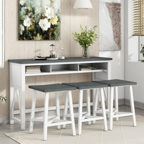 4 PC Farmhouse Counter Height Dining Table Set with 3 Storage Space, 60" Dining Table & Saddle Stools, Console Kitchen Table Set with 3 Stools for Living Room Dining Room Kitchen Island, White+gray