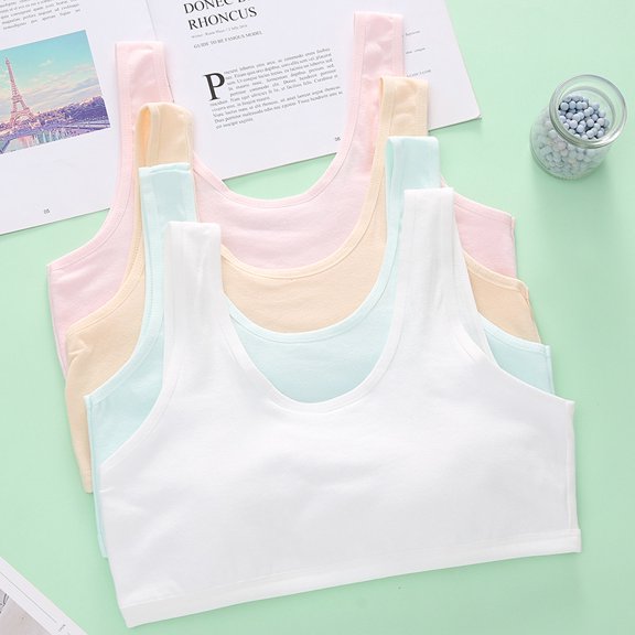 4 PC Girls Training Bras Comfort Bralette Junior Tween Girl Everyday T-Shirt Bra No-Padded Comfy Solid Underwear, Multi-Pack, L