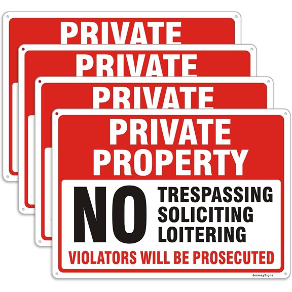 4 PC Large Private Property Signs, 14"x10" No Trespassing No Soliciting No Loitering Sign, Violators Will Be Prosecuted Sign, Rust Free Reflective Aluminum, Made to Last, UV Protected, Easy to Instal
