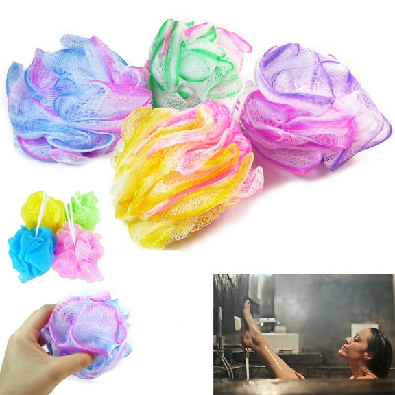 4 PC Loofah Bath Shower Sponge Pouf Mesh Ball Exfoliating Premium Bath Scrubber