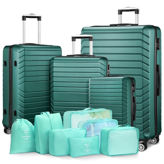 Gowill 4 Piece Luggage Sets with 7 Pieces Organizer Bags, 20/24/28/32 inch ABS Carry-on and Checked Suitcase Large Travel Sets, Green
