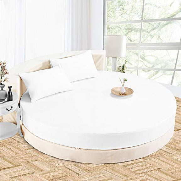 4 PC Round Bed Sheet Bed Cover 12" Deep Pocket of Mattress, 1000 TC (1 Flat Sheet, 1 Fitted Sheet, 2 Pillowcases) 84 " Diameter White Solid Soft & Easy Care