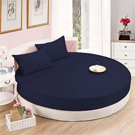 4 PC Round Bed Sheet Bed Cover 15" Deep Pocket of Mattress, 1000 TC (1 Flat Sheet, 1 Fitted Sheet, 2 Pillowcases) 96" Diameter Navy Blue Solid Soft & Easy Care
