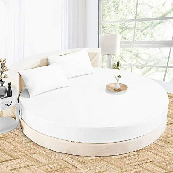 4 PC Round Bed Sheet Bed Cover 21" Deep Pocket of Mattress, 1000 TC (1 Flat Sheet, 1 Fitted Sheet, 2 Pillowcases) 80" Diameter White Solid Durable & Easy Washable