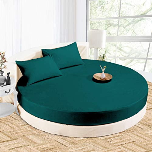 4 PC Round Bed Sheet Bed Cover 15" Deep Pocket of Mattress, 1000 TC (1 Flat Sheet, 1 Fitted Sheet, 2 Pillowcases) 96" Diameter Teal Solid Soft & Easy Care