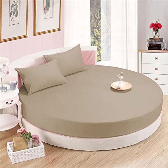 4 PC Round Bed Sheet Set 12" Deep Pocket of Mattress, 1000 TC (1 Flat Sheet, 1 Fitted Sheet, 2 Pillowcases) 80" Diameter Taupe Solid Durable & Easy Washable