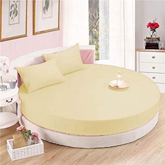 4 PC Round Bed Sheet Set 15" Deep Pocket of Mattress, 1000 TC (1 Flat Sheet, 1 Fitted Sheet, 2 Pillowcases) 84 " Diameter Ivory Solid Durable & Easy Washable
