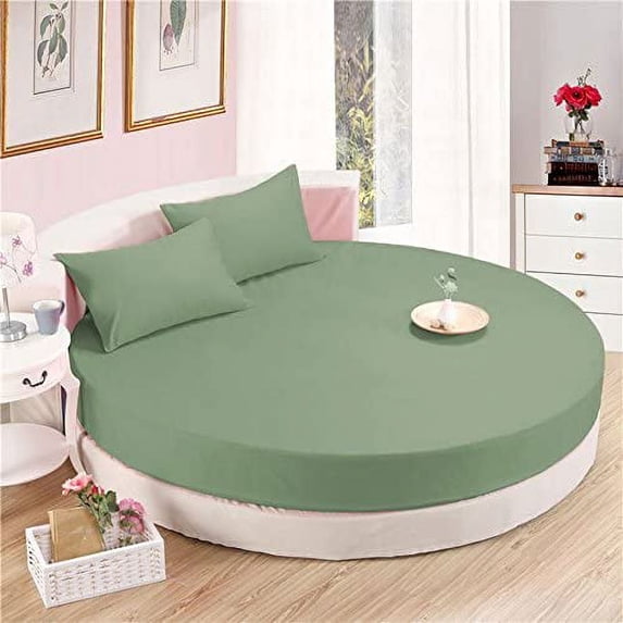 4 PC Round Bed Sheet Set 15" Deep Pocket of Mattress, 1000 TC (1 Flat Sheet, 1 Fitted Sheet, 2 Pillowcases) 96" Diameter Moss Solid Durable & Easy Washable
