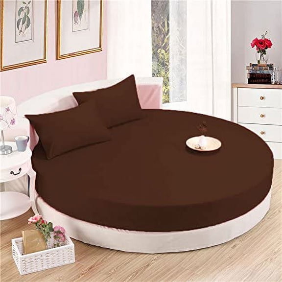 4 PC Round Bed Sheet Set 18" Deep Pocket of Mattress, 1000 TC (1 Flat Sheet, 1 Fitted Sheet, 2 Pillowcases) 84 " Diameter Chocolate Solid Durable & Easy Washable