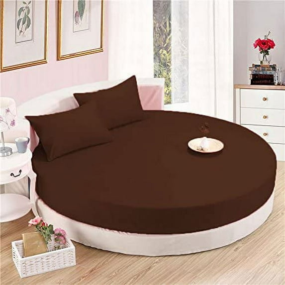 4 PC Round Bed Sheet Set 21" Deep Pocket of Mattress, 1000 TC (1 Flat Sheet, 1 Fitted Sheet, 2 Pillowcases) 76" Diameter Chocolate Solid Durable & Easy Washable