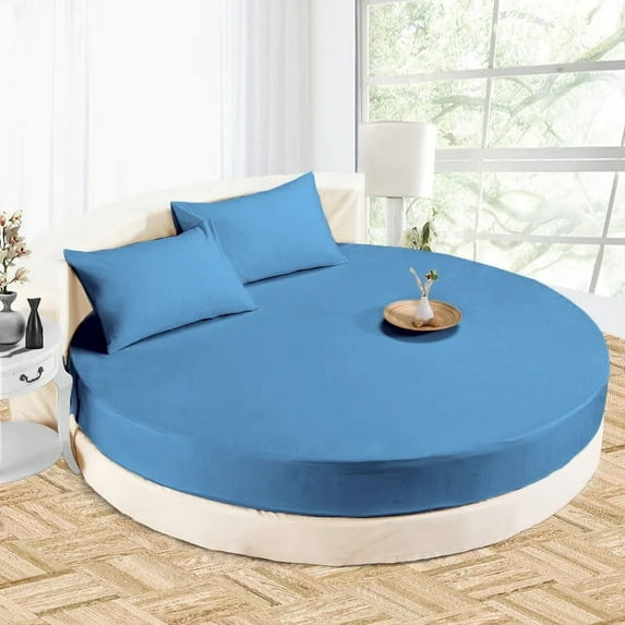 4 PC Round Bed Sheet Set 21" Deep Pocket of Mattress, 1000 TC (1 Flat Sheet, 1 Fitted Sheet, 2 Pillowcases) 76" Diameter Mediterranean Blue Solid Durable & Easy Washable