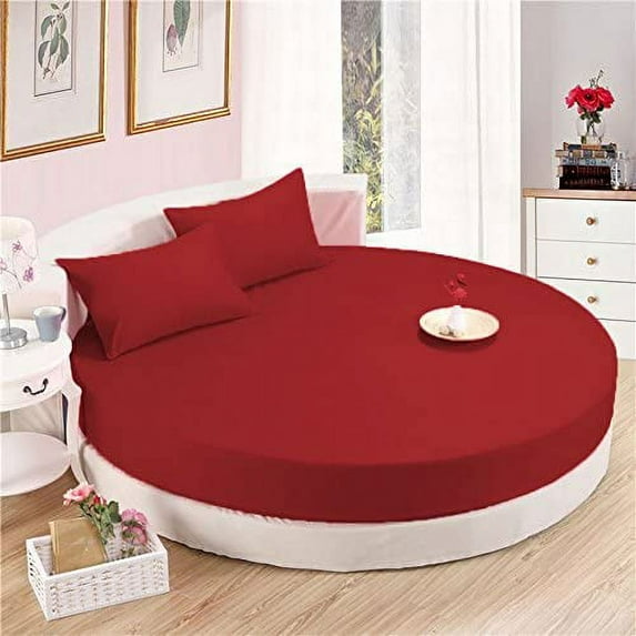 4 PC Round Bed Sheet Set 21" Deep Pocket of Mattress, 1000 TC (1 Flat Sheet, 1 Fitted Sheet, 2 Pillowcases) 80" Diameter Burgundy Solid Durable & Easy Washable