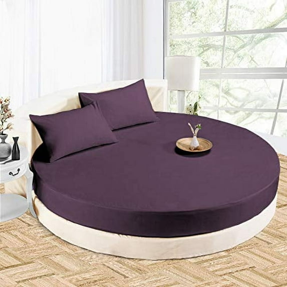 4 PC Round Bed Sheet Set 21" Deep Pocket of Mattress, 1000 TC (1 Flat Sheet, 1 Fitted Sheet, 2 Pillowcases) 84 " Diameter Plum Solid Durable & Easy Washable