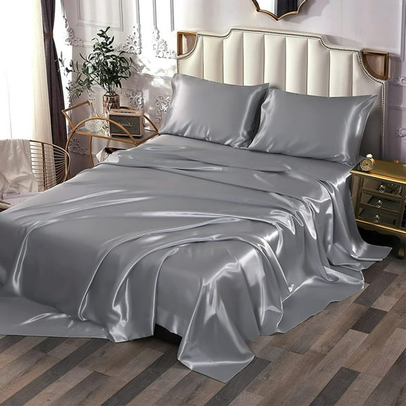 4 PC Satin Silky Soft Bed Sheet Set Queen/King Size Fitted Pillow Cases