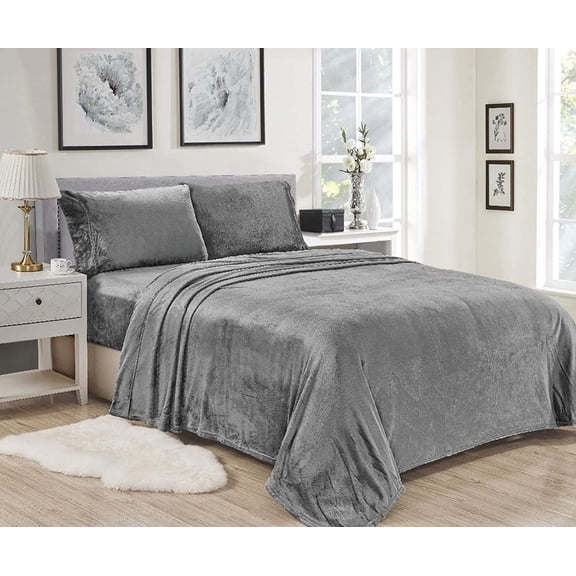 4 PC Sheet Set Microplush Premium Bedding Ultra Soft Plush Linens, Pillow Case, Flat, Fitted 16 In Deep Pocket Sheet, Warm and Comfortable, Kansas King Size - Light Grey