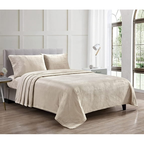 4 PC Sheet Set Microplush Premium Bedding Ultra Soft Plush Linens, Pillow Case, Flat, Fitted 16 In Deep Pocket Sheet, Warm and Comfortable, Kansas King Size - Light Brown